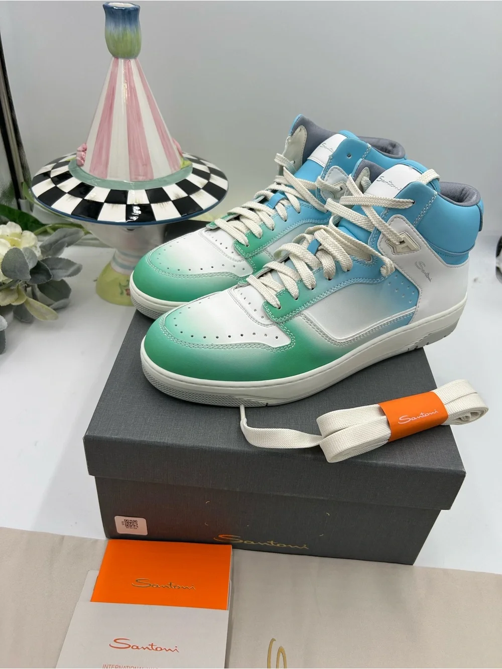 Men's Santoni Men's High-Top Sneakers in Green, Blue & White size 11 made Italy - Picture 2 of 9